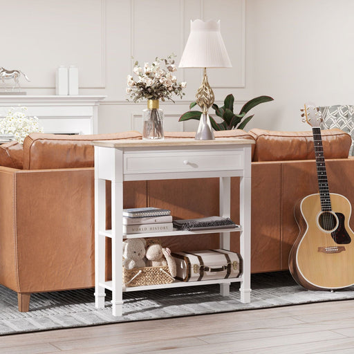 Console Table with One Drawer & 2 Shelves - White & Natural Wood Tone - Green4Life