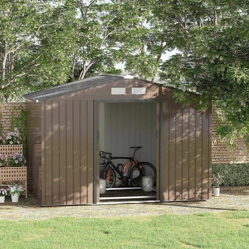Outsunny 9 x 6 ft Metal Shed with Foundation and Ventilation Slots - Brown - Green4Life