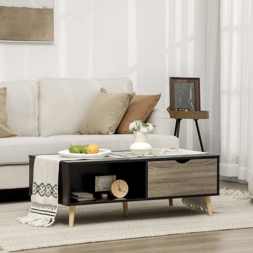 HOMCOM Coffee Table with Open Storage Shelves, Two Drawers and Solid Wood Legs - Black - Green4Life