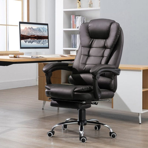 HOMCOM PU Leather Office Chair with Retractable Footrest, Adjustable Height and Reclining Function - Brown - Green4Life