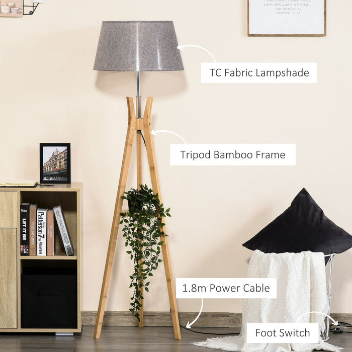 Wooden Tripod Floor Lamp with Grey Fabric Shade - Green4Life