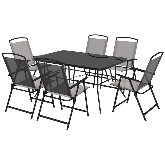 6-Seater Garden Dining Set with Parasol and Folding Chairs - Grey - Outsunny