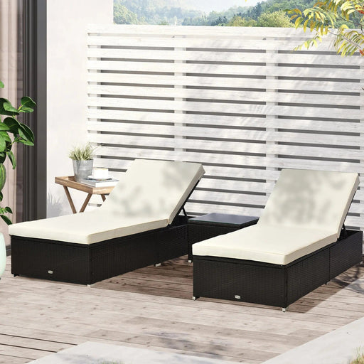 Outsunny 3-Piece Rattan Recliner Sun Lounger Set with Side Table - Brown/White - Green4Life