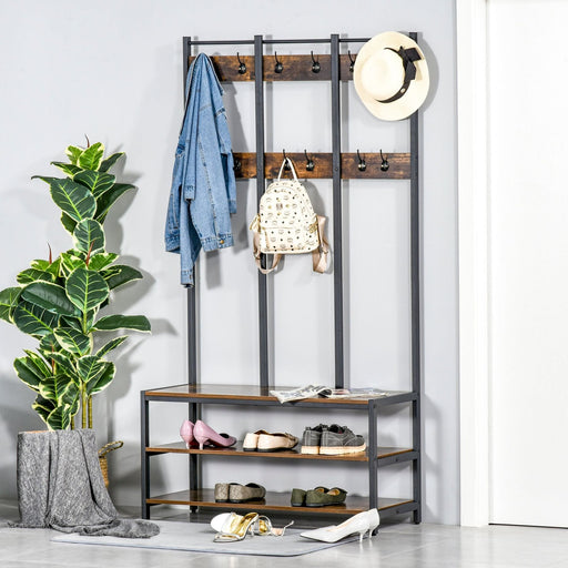 Industrial-Style Coat Rack with Hooks & Shelves 100L x 40W x 184Hcm -Rustic Brown & Black - Green4Life