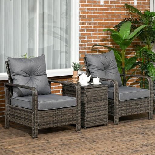 Outsunny 3-Piece PE Rattan Wicker Bistro Set with Armchairs & Storage Table - Grey - Green4Life