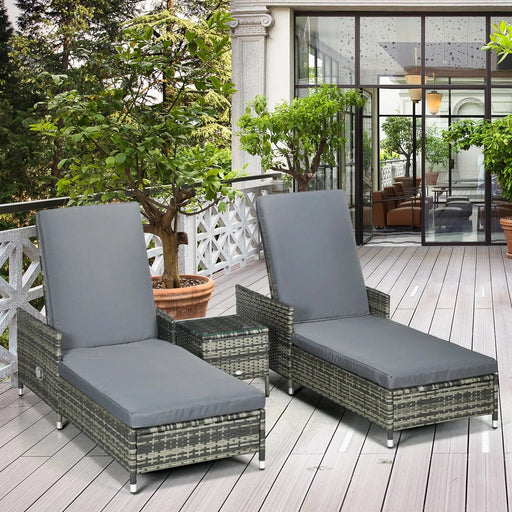 Outsunny 3-Piece Rattan Sun Lounger Set with Adjustable Backrest, Cushions, and Glass Top Table - Grey - Green4Life