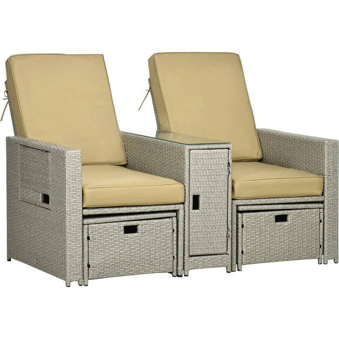 Outsunny 5-Piece Recliner PE Rattan Sun Lounger Set with Storage Side Table, and Footstools for Patio and Garden - Beige/Khaki - Green4Life