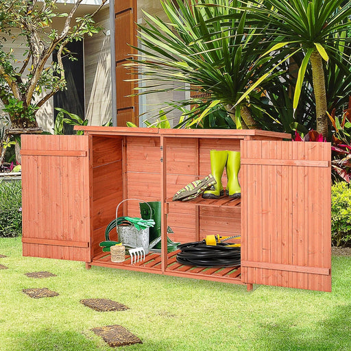 Outsunny 128L x 50W x 90Hcm Wooden Garden Storage Shed Organiser with Shelves & Double Door - Golden Red - Green4Life