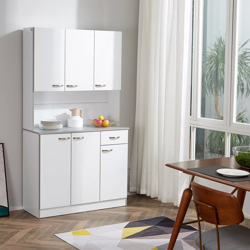 Freestanding Kitchen Cupboard with 6 Doors, Drawer, Adjustable Shelves & Open Countertop - White - Green4Life
