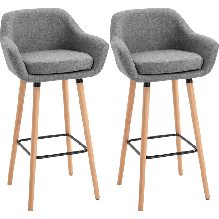 Set of 2 Upholstered Bar Stools with Metal Frame & Solid Wood Legs - Grey - Green4Life