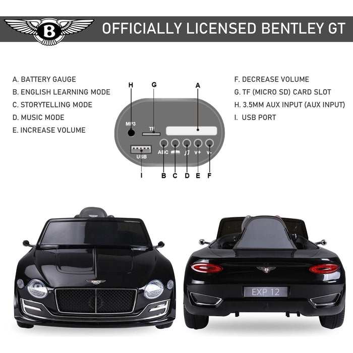 HOMCOM Kids Electric Car Bentley with LED Light, Music and Parental Remote Control for - Black - Green4Life
