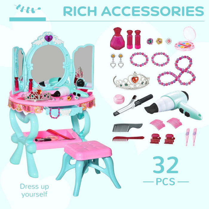 Childrens 32 Pcs Magic Light-Up Princess Dressing Table & Stool - Pink & Blue - Green4Life