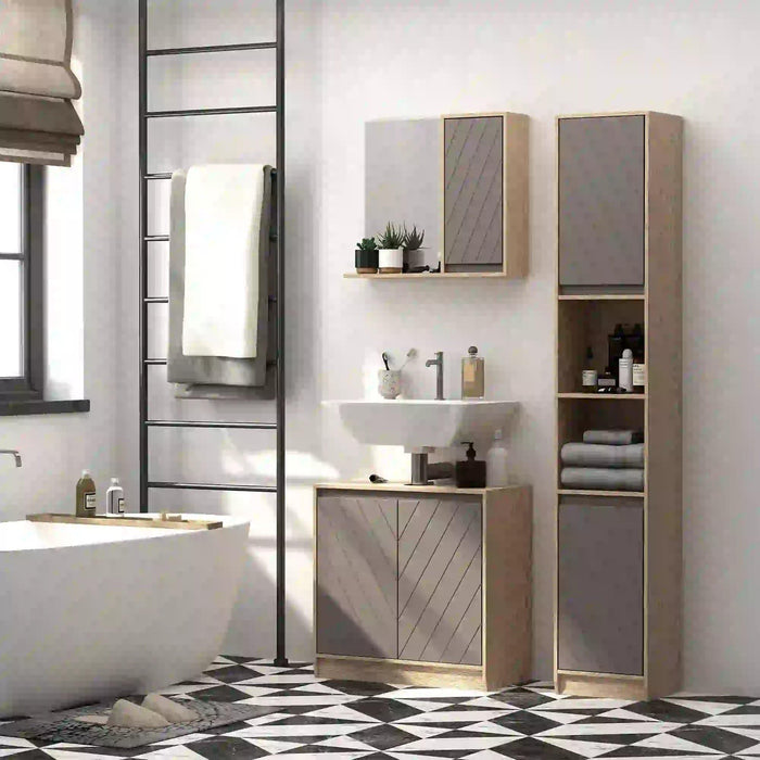 Bathroom Storage Cabinet with 2 Cupboards and 2 Compartments 30L x 24W x 170Hcm - Grey/Brown - Green4Life