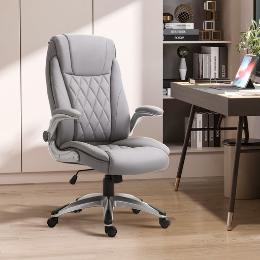 Vinsetto High Back Office Chair PU Leather Upholst, with Flip-up Arm, Wheels, Adjustable Height, Grey - Green4Life