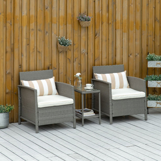 Outsunny ComfortNook - 3-Piece Rattan Bistro Set with Chairs, Table, and Cushions - Light Grey - Green4Life