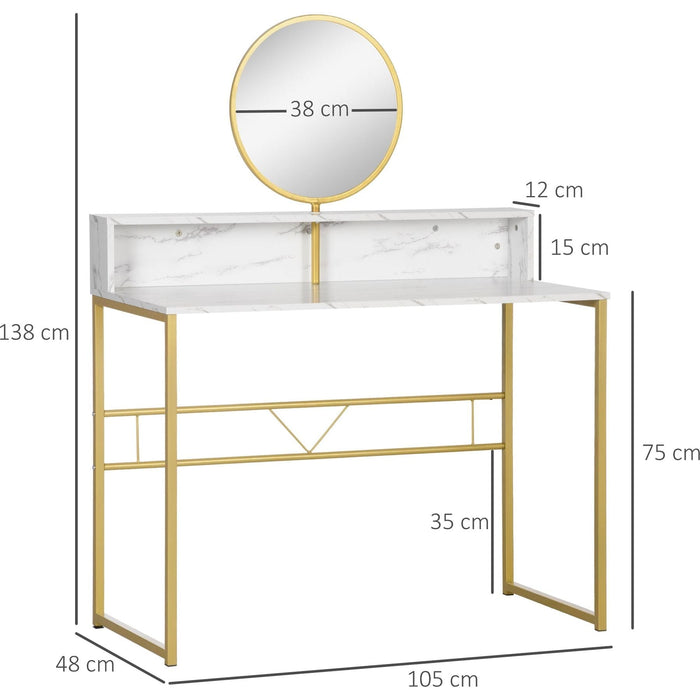 Modern Dressing Table with Round Mirror & Open Storage - White Marble - Green4Life