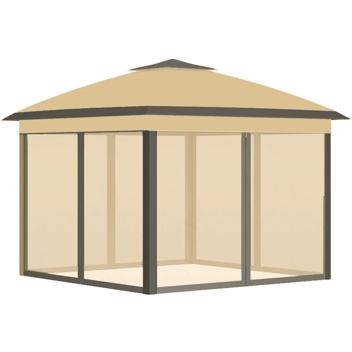 11 x 11 ft (3.35 x 3.35m) Adjustable Double-Roof Gazebo with Mesh Sidewalls - Beige - Outsunny