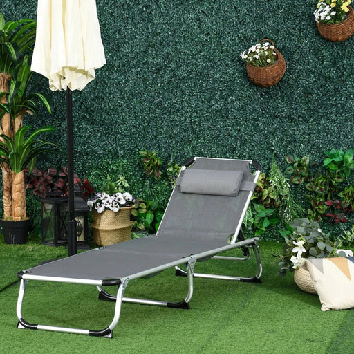 Grey Adjustable Sun Lounger with Pillow - Lightweight Aluminium - Outsunny - Green4Life