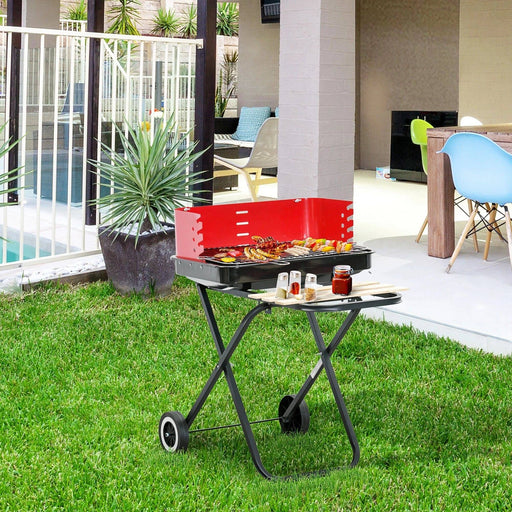 Charcoal Barbecue Trolley with Windshield, Wheels & Side Trays - Red/Black - Outsunny - Green4Life