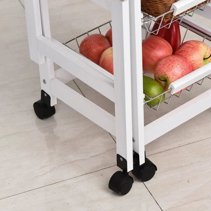 Drop-Leaf Kitchen Trolley with Drawer & 3 Baskets - White/Oak - Green4Life