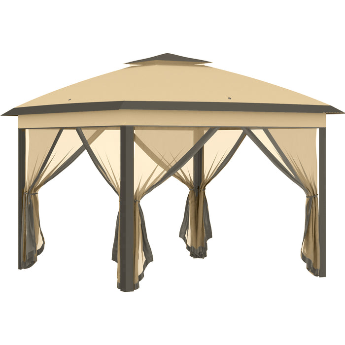 11 x 11 ft (3.35 x 3.35m) Adjustable Double-Roof Gazebo with Mesh Sidewalls - Beige - Outsunny