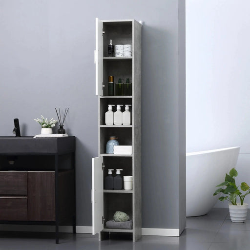 kleankin Tall Bathroom Storage Cabinet with 2 Cupboards, 2 Open Compartments & Adjustable Shelves - Grey - Green4Life