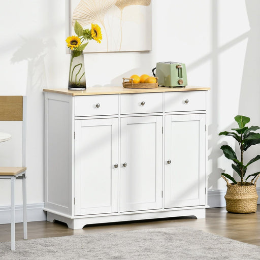 Kitchen Sideboard with Rubberwood Top, Drawers and Adjustable Shelves - White - Green4Life