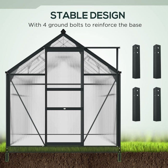 Outsunny 6 x 10 ft Walk-In Polycarbonate Greenhouse with Sliding Door, Galvanised Base & Aluminium Frame - Grey - Green4Life