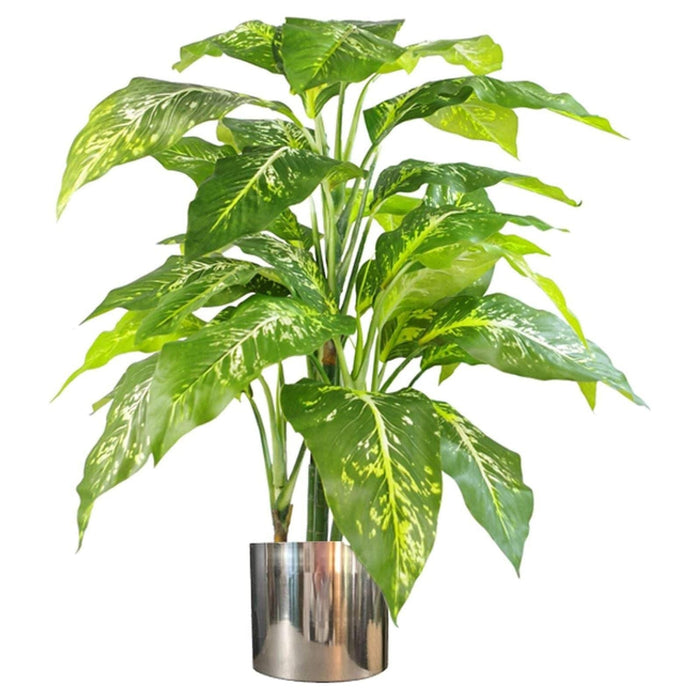 100cm Large Fox’s Aglaonema (Spotted Evergreen) Tree Artificial Plant with Silver Metal Planter - Green4Life