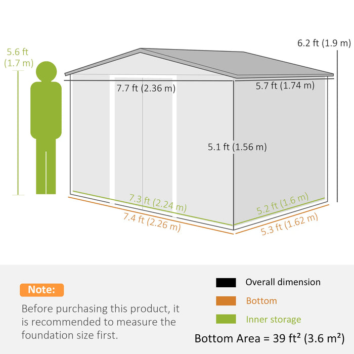 8 x 6 ft (190H x 236L x 174W cm) Garden Storage Shed with Double Doors, Ventilation - Green - Outsunny