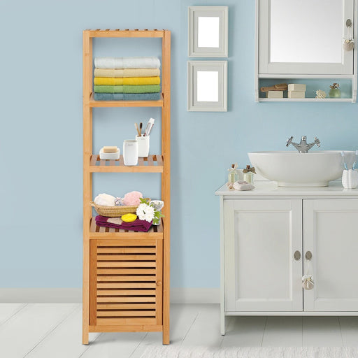HOMCOM 140cm Bathroom Cabinet with 3 Shelves and a Cupboard - Natural - Green4Life