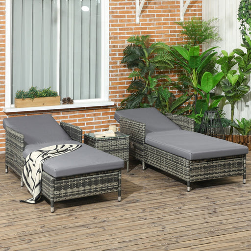 Outsunny 3-Piece Rattan Sun Lounger Set with Adjustable Backrest, Cushions, and Glass Top Table - Grey - Green4Life