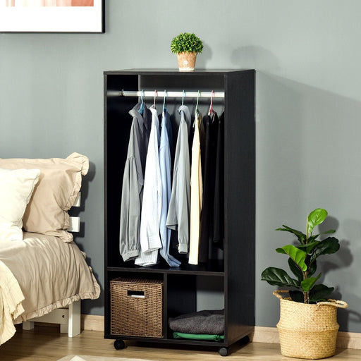 Open Wardrobe on Wheels with Hanging Rail and Shelves - Black - Green4Life