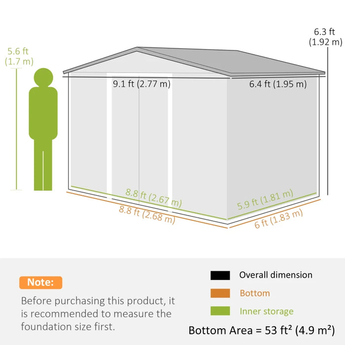 9 x 6 ft (277L x 195W x 192Hcm) Metal Shed with Foundation and Ventilation Slots - Silver - Outsunny