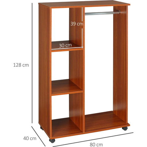 Open Wardrobe with Hanging Rail, Storage Shelves & Wheels - Walnut - Green4Life