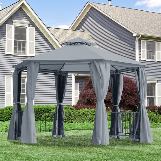 Outsunny 3 x 3(m) Hexagonal Gazebo with 2-Tier Roof, Curtains & Nets - Grey - Green4Life