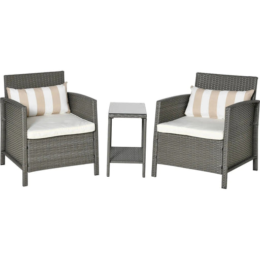 Outsunny ComfortNook - 3-Piece Rattan Bistro Set with Chairs, Table, and Cushions - Light Grey - Green4Life