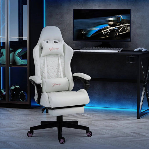 Faux Leather Racing Gaming Chair with Footrest - White - Green4Life