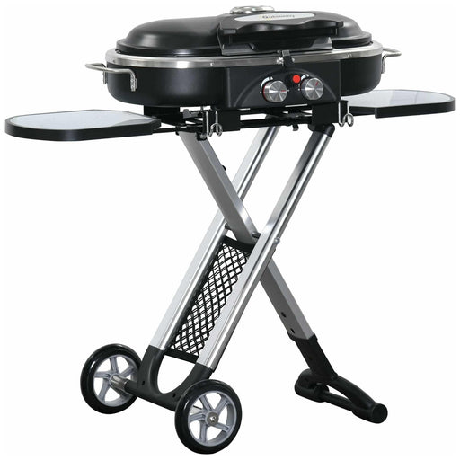Foldable 2 Burner Gas BBQ Grill Trolley with Lid, Side Shelves, Storage Pocket and Piezo Ignition - Aluminium Alloy, Black - Outsunny - Green4Life