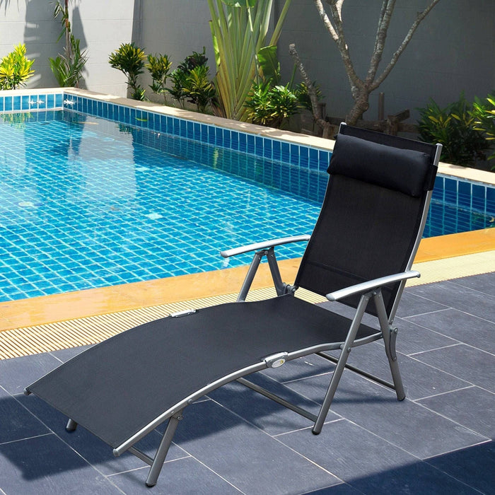 Foldable Recliner Sun Lounger with Headrest & 5 Levels Adjustable Backrest - Black - Outsunny - Green4Life