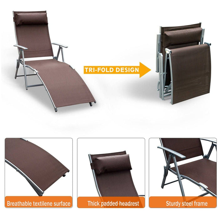 Foldable Recliner Sun Lounger with Headrest & 5 Levels Adjustable Backrest - Brown - Outsunny - Green4Life