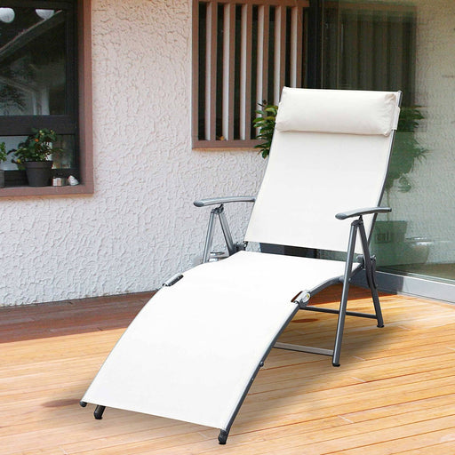 Foldable Recliner Sun Lounger with Headrest & 5 Levels Adjustable Backrest - Cream White - Outsunny - Green4Life