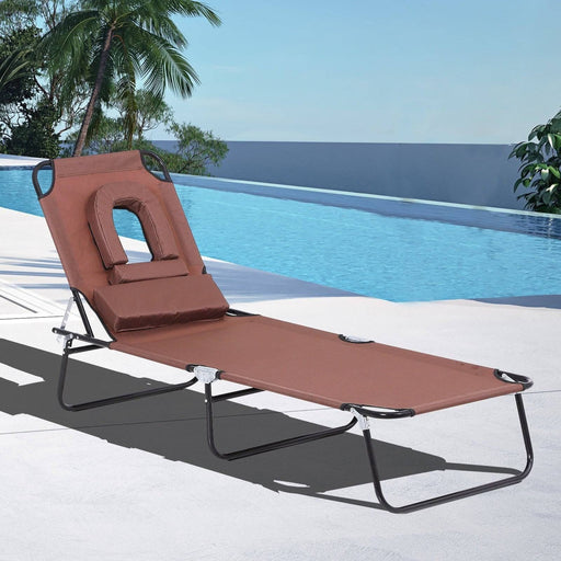 Foldable Recliner Sun Lounger with Pillow and Reading Hole - Brown - Outsunny - Green4Life