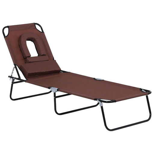 Foldable Recliner Sun Lounger with Pillow and Reading Hole - Brown - Outsunny - Green4Life