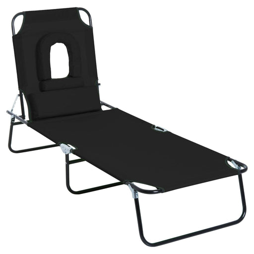 Foldable Reclining Sun Lounger with Pillow and Reading Hole - Black - Outsunny - Green4Life