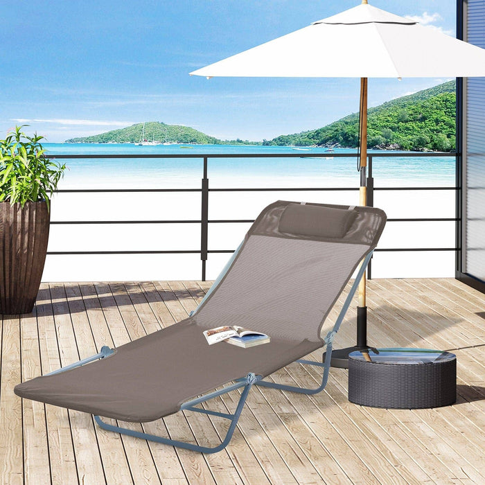 Foldable Sun Lounger with Adjustable Backrest and Headrest Pillow - Brown - Outsunny - Green4Life