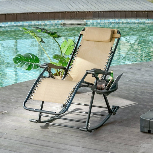 Folding Recliner Rocking Sun Lounger Chair with Cup Holder Tray - Beige - Outsunny - Green4Life