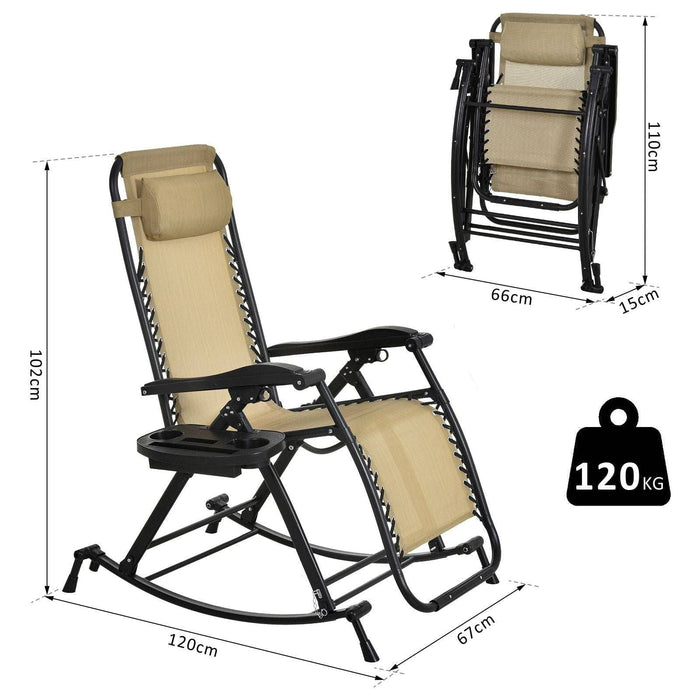 Folding Recliner Rocking Sun Lounger Chair with Cup Holder Tray - Beige - Outsunny - Green4Life