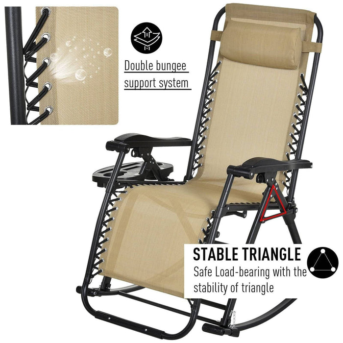 Folding Recliner Rocking Sun Lounger Chair with Cup Holder Tray - Beige - Outsunny - Green4Life