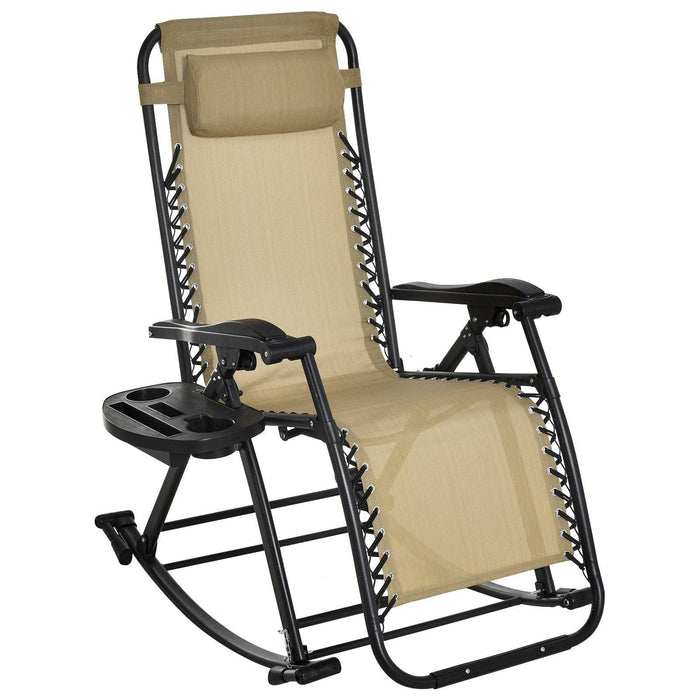 Folding Recliner Rocking Sun Lounger Chair with Cup Holder Tray - Beige - Outsunny - Green4Life